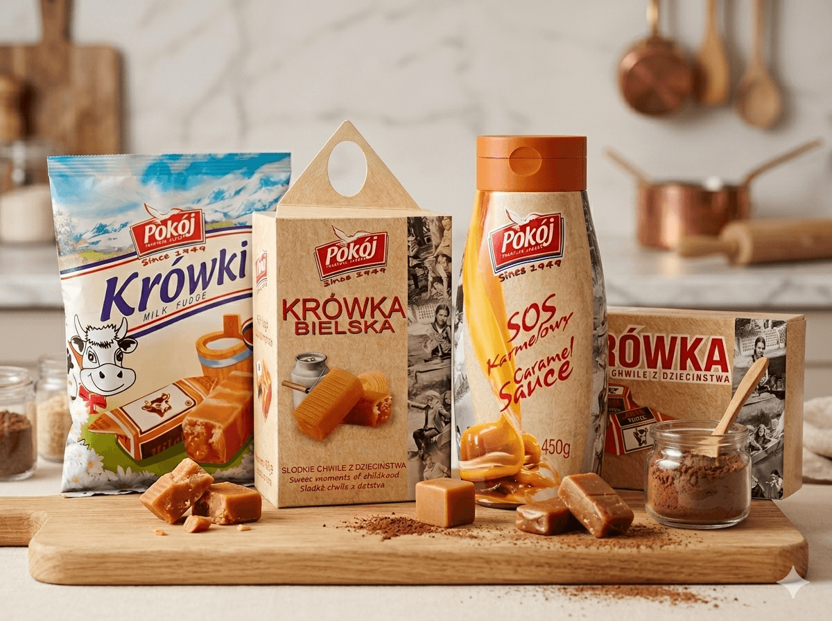 Różne opakowania krówek Pokój, w tym klasyczne krówki, fudge i sos karmelowy